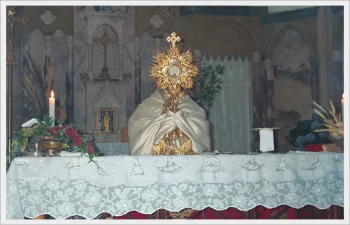 Terminada a Procissão, o Padre celebrante dá a bênção do Santíssimo Sacramento aos que participaram da cerimônia.